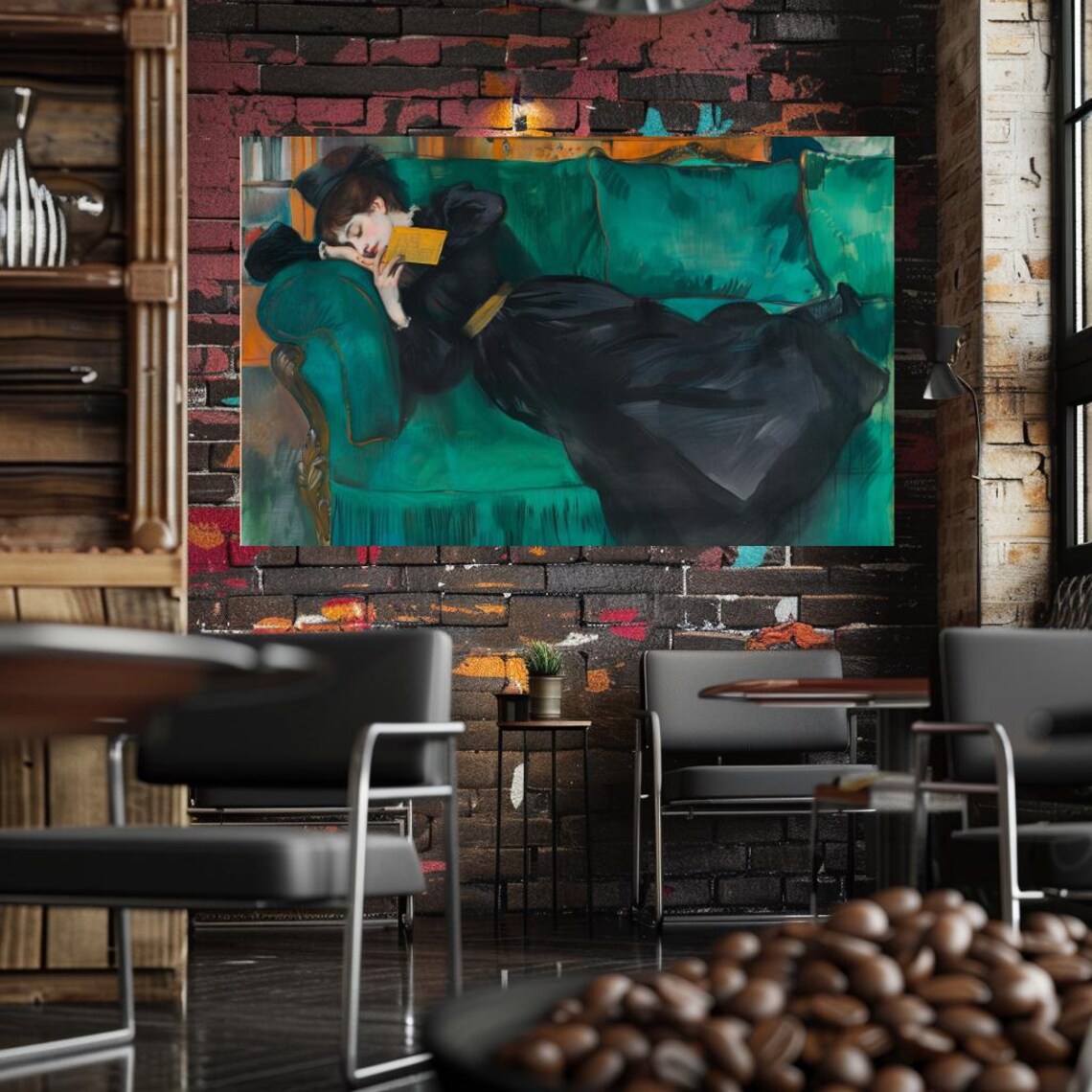 Elegant Woman Reclining Green Sofa Reading Classic Portrait Wall Art - Image 3