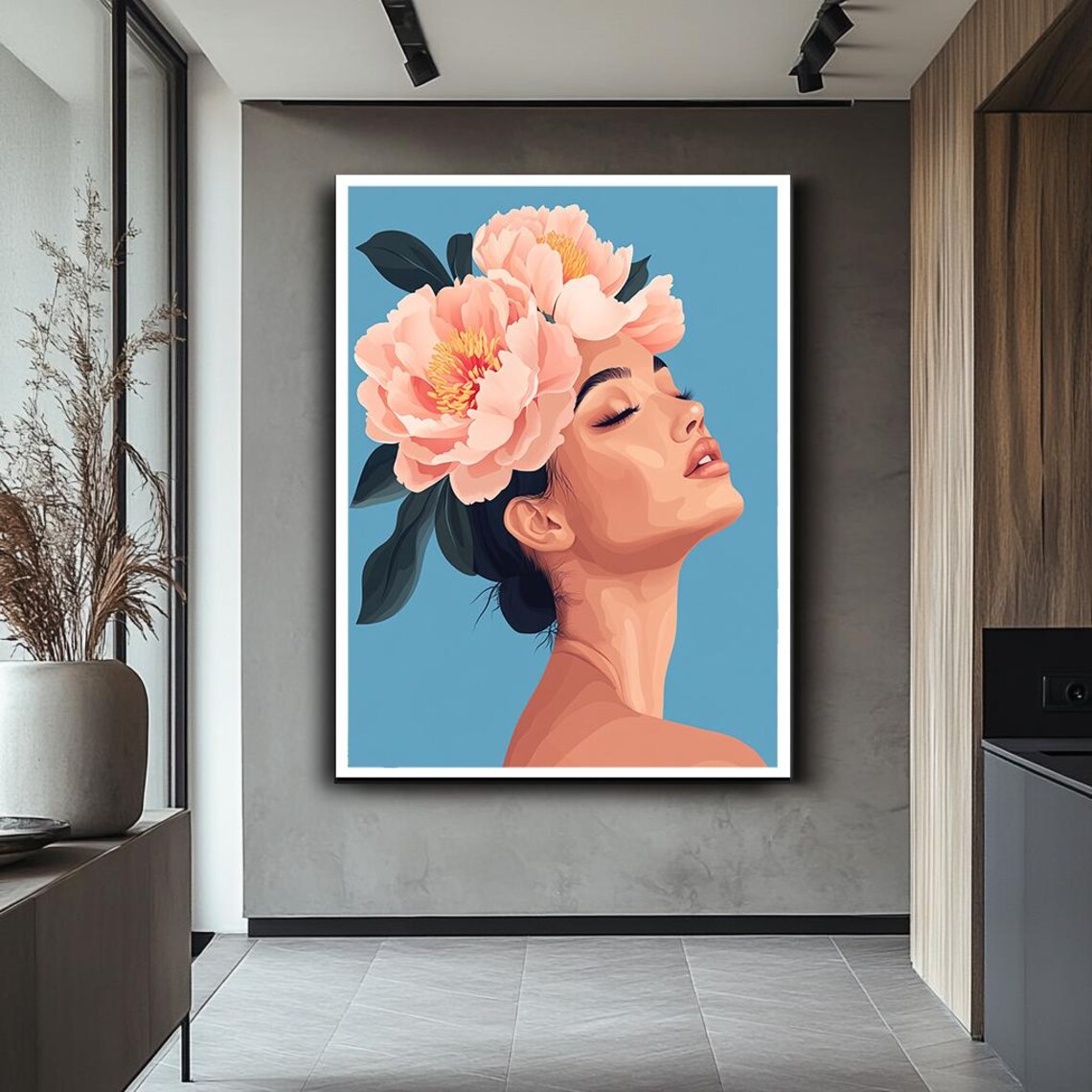 Woman with Pink Peonies Floral Portrait Art Poster on Blue Background