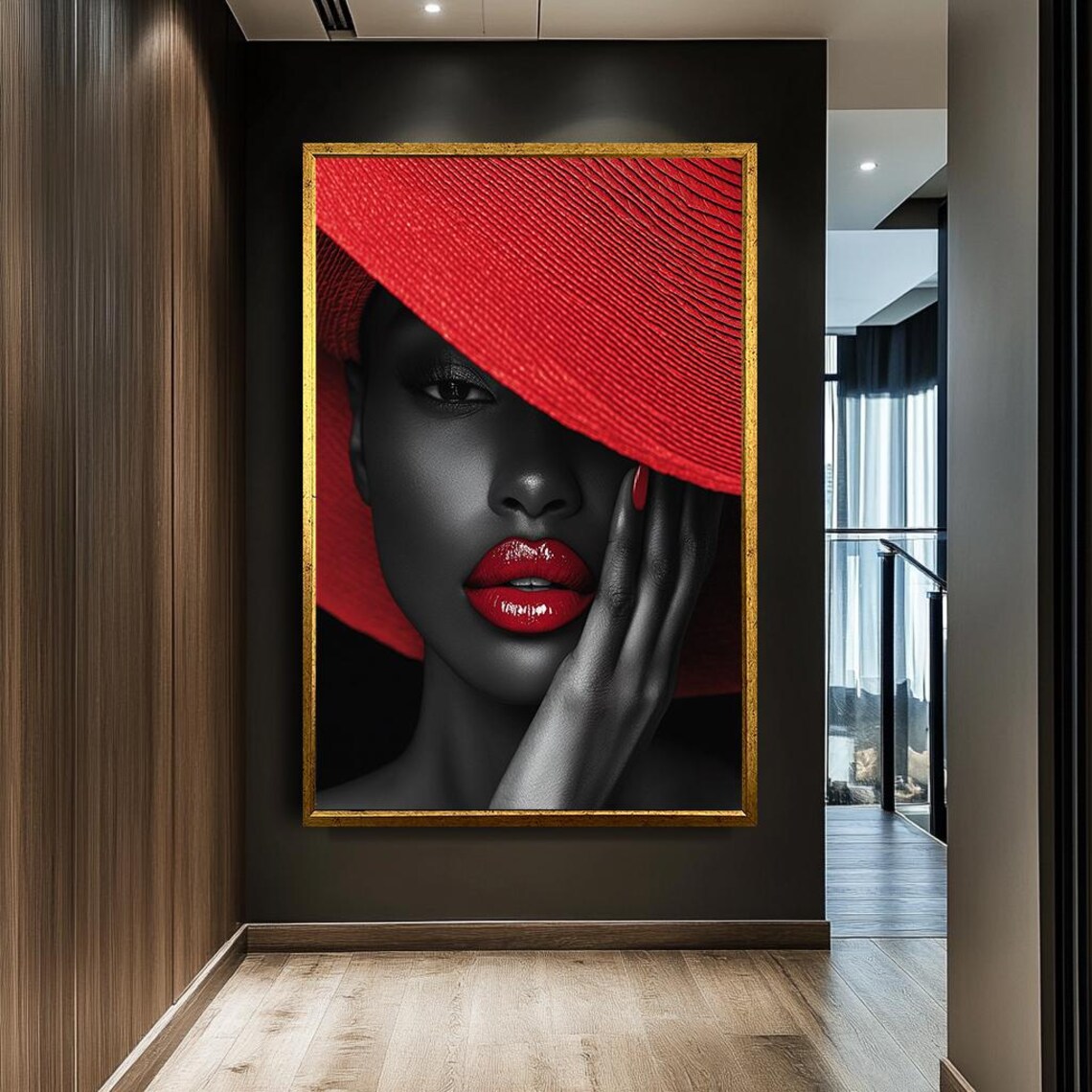 Elegant Black And Red Woman Portrait Wide Brim Hat Fashion Art Print - Image 3
