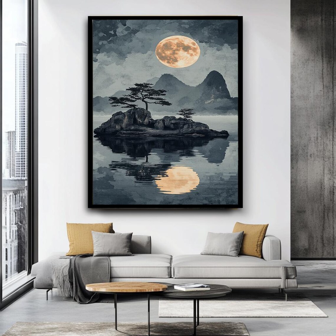Full Moon Over Mountain Lake Pine Island Ink Wash Night Sky Poster - Image 4