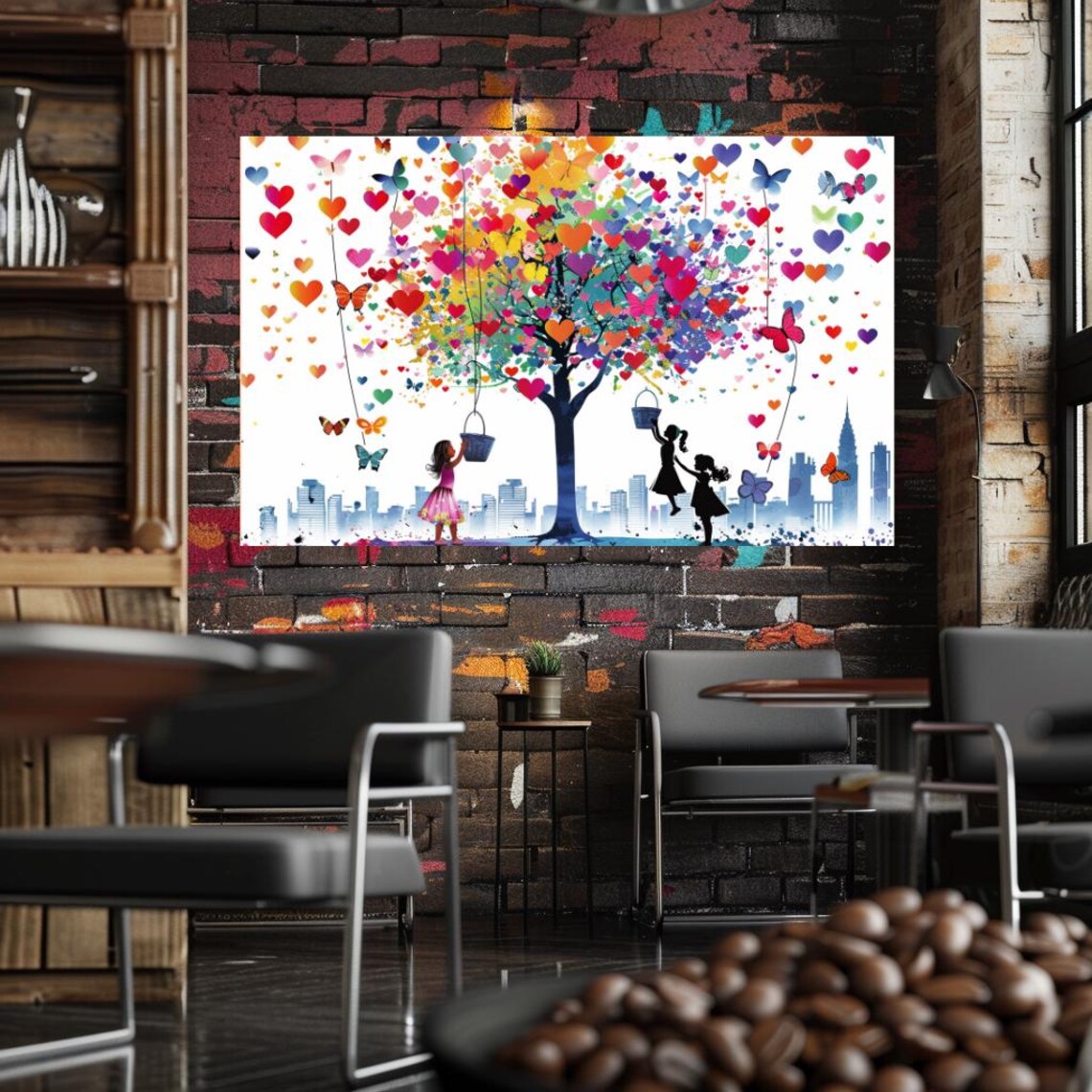 Colorful Heart Tree Two Girls Butterflies Joyful Kids Room Art Print - Image 3