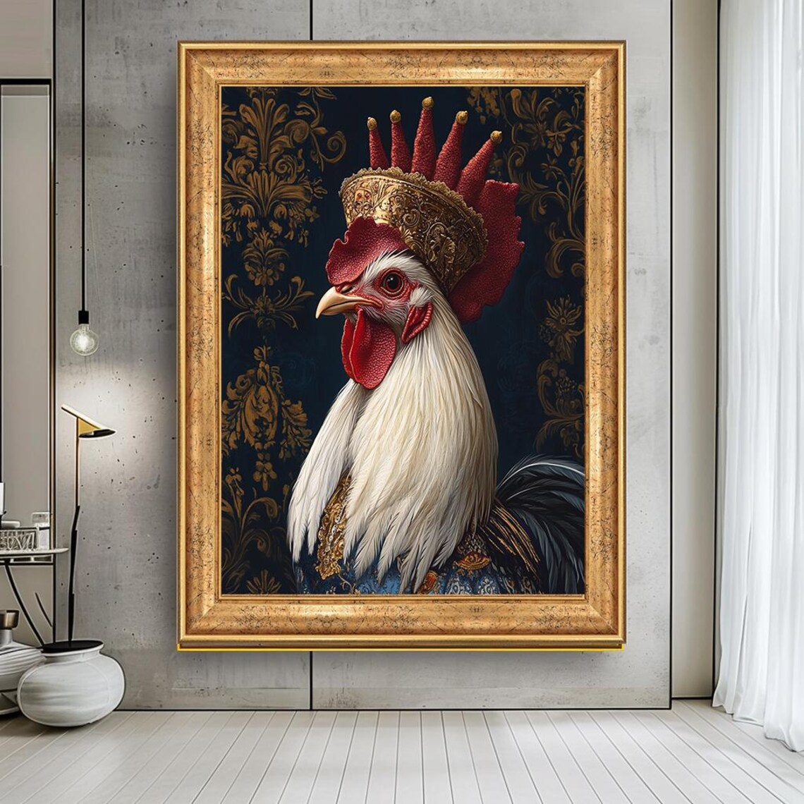 Royal Crowned Rooster Portrait Baroque Style Whimsical Animal Print