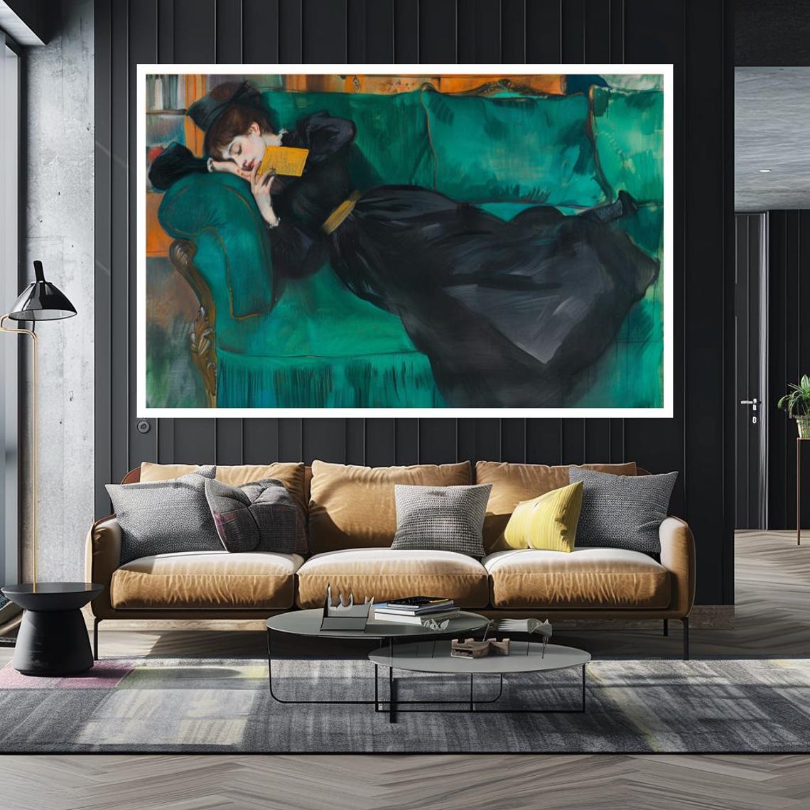 Elegant Woman Reclining Green Sofa Reading Classic Portrait Wall Art - Image 2