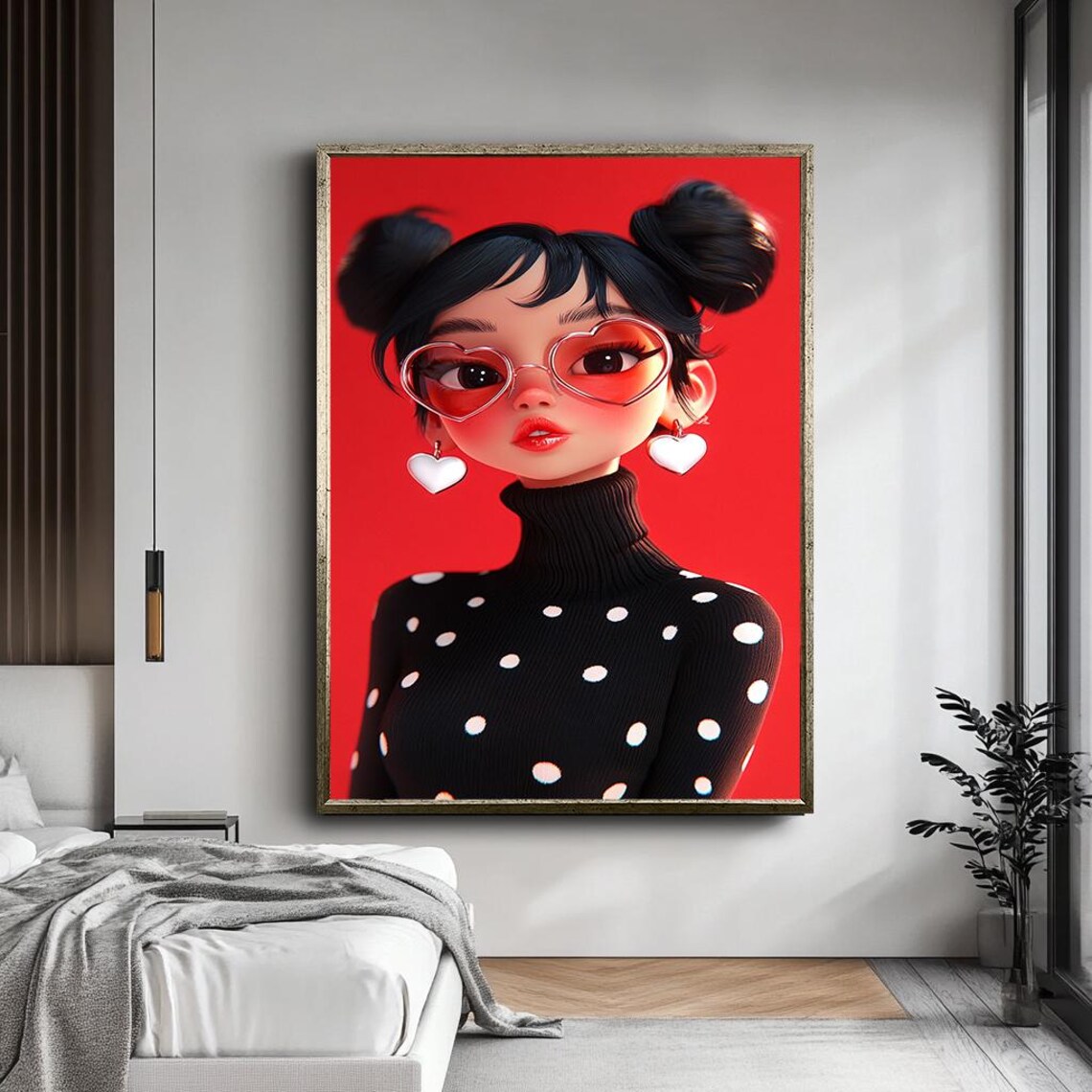 Cartoon Girl Heart Sunglasses Red Background Cute Pop Wall Art
