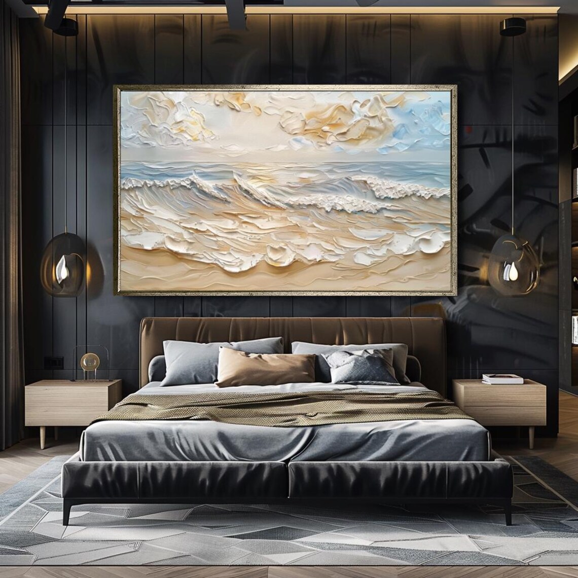 Textured Ocean Wave Painting Beige Coastal Palette Knife Art Poster