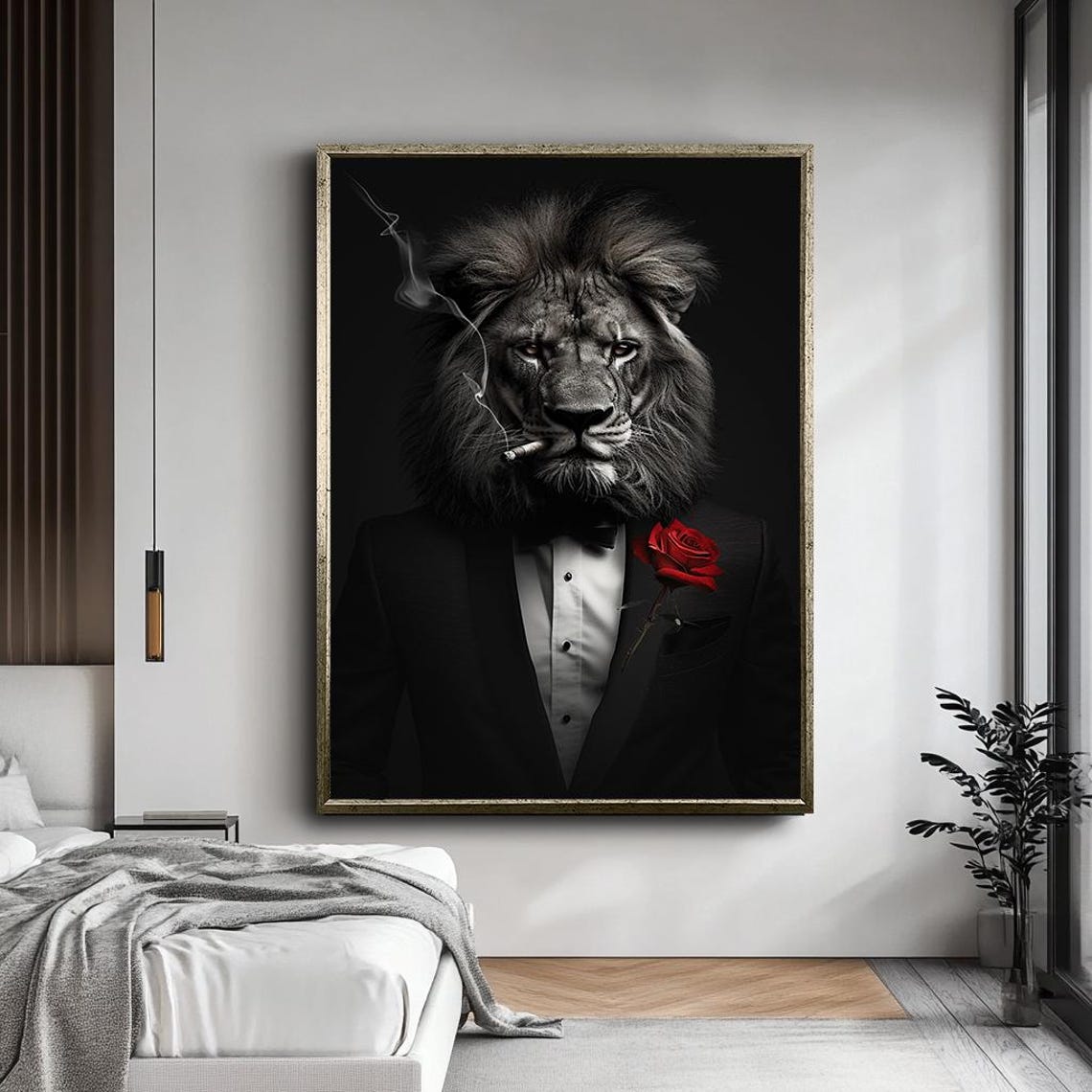 Dapper Lion Tuxedo Cigar Red Rose Sophisticated Animal Wall Art - Image 5