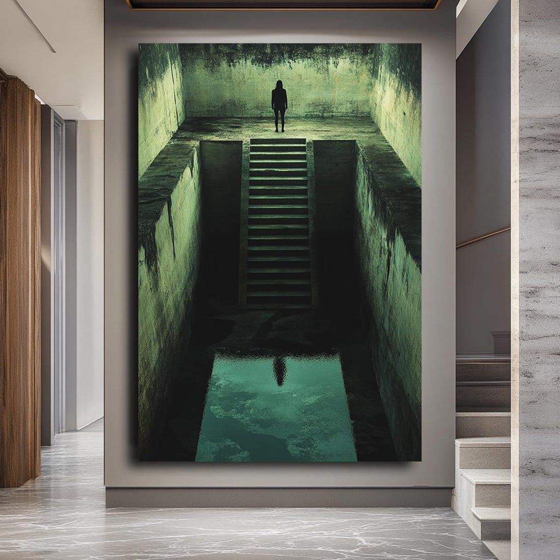 Dark Staircase Lonely Figure Surreal Shadow Water Reflection Print - Image 3