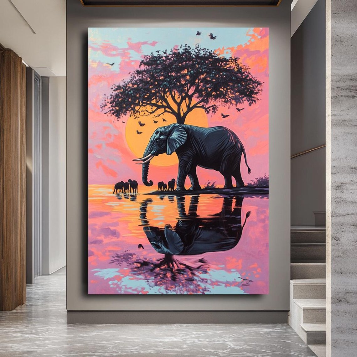 African Elephant Sunset Savanna Acacia Tree Water Reflection Print - Image 3