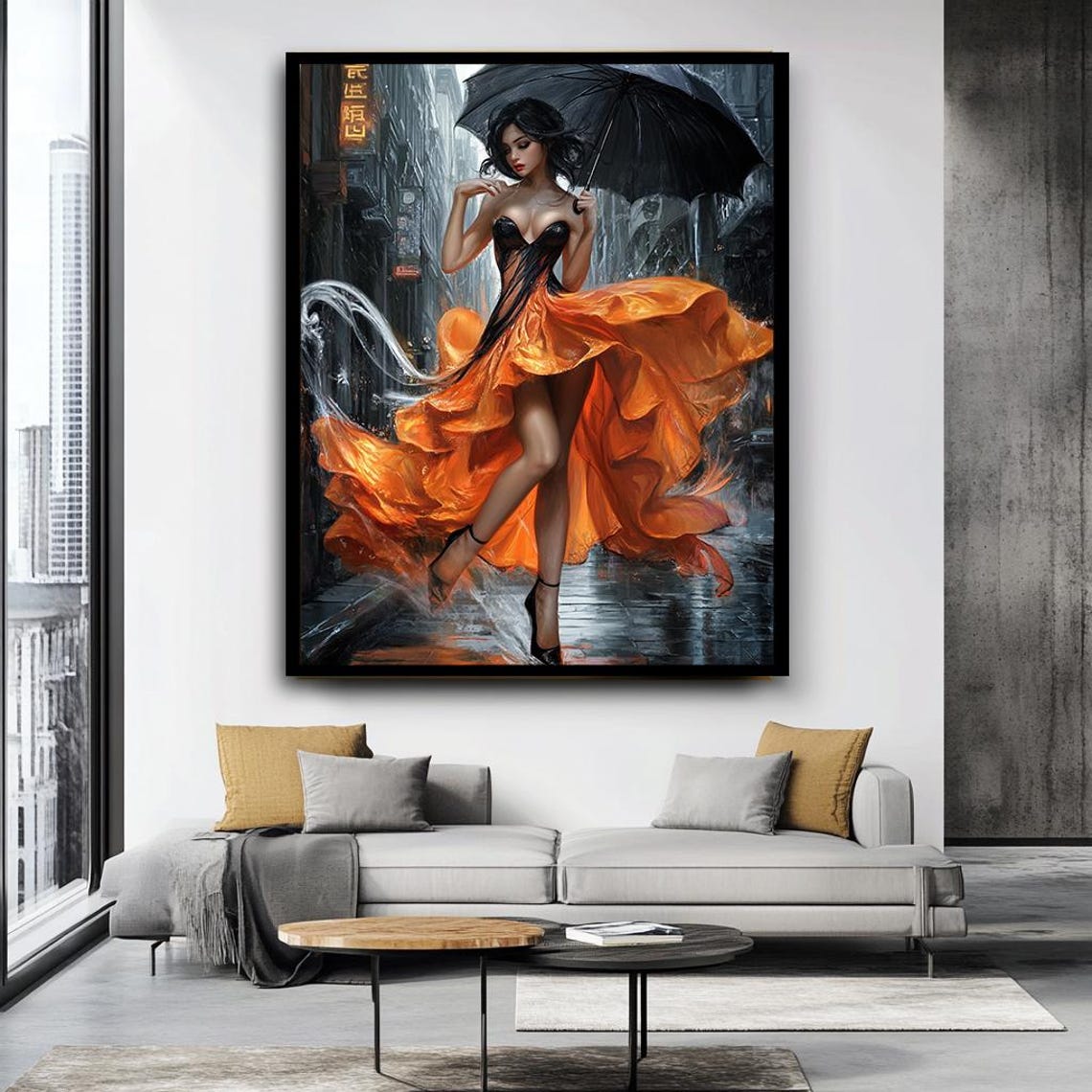 Elegant Woman In Flowing Orange Dress Print Stylish Cityscape Art Bold Fashion Artwork With Umbrella Modern Wall Art For Living Room - Image 2