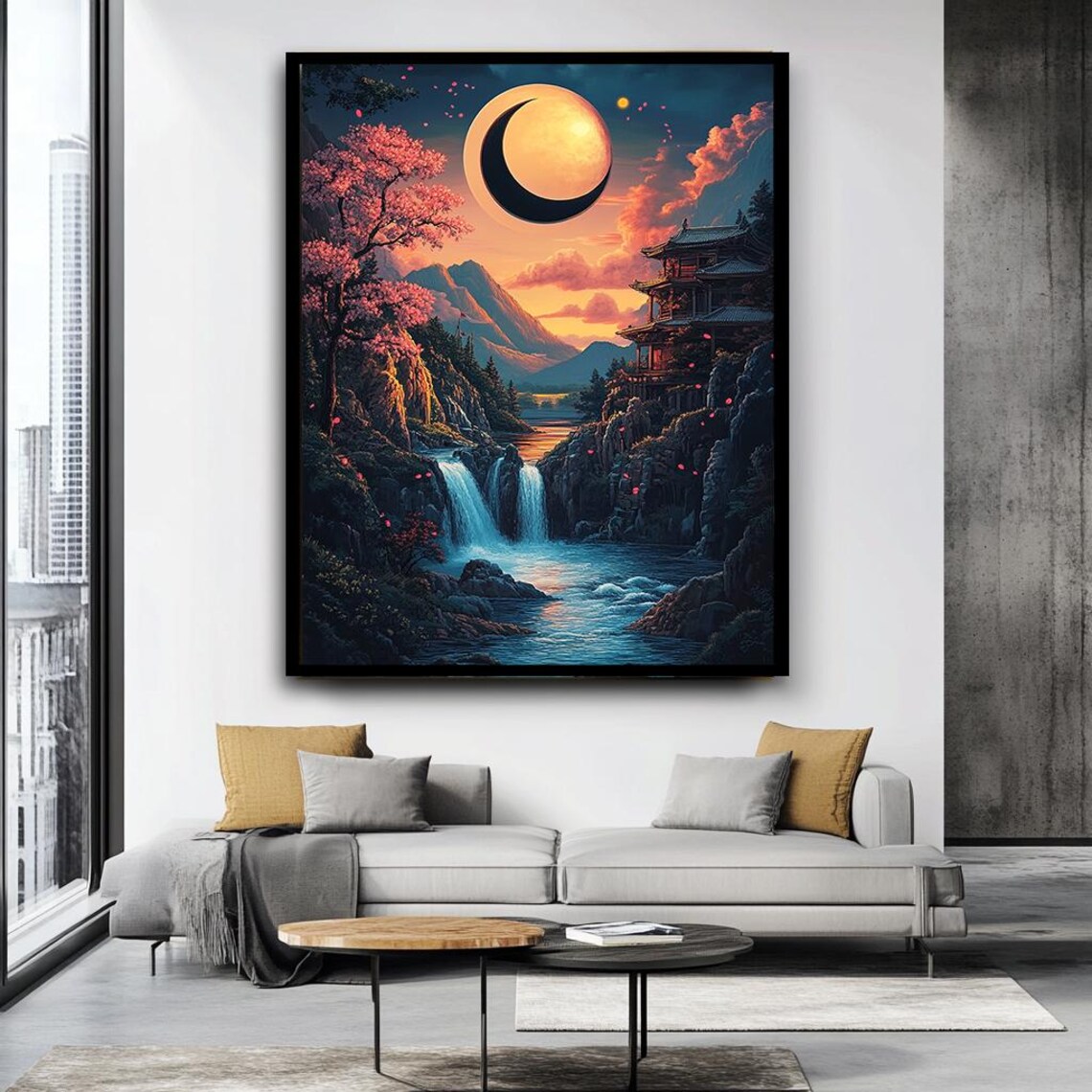 Japanese Moonlit Waterfall Cherry Blossom Pagoda Cliff Sunset Poster - Image 5