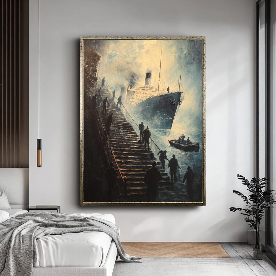 Dramatic Ship Stairs Wall Art Surreal Maritime Print Vintage Nautical Artwork Mysterious Ocean Scene Unique Gothic Wall Decor