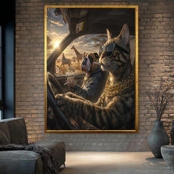 Funny Gangster Cat And Dog In Safari Car Canvas Print Hip Hop Animal Art With Sunglasses Humorous Pet Wall Decor For Cool
