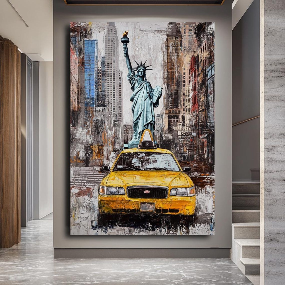 New York City Taxi And Statue Of Liberty Wall Art Urban Nyc Iconic Yellow Cab Painting Modern Cityscape Decor New York Artwork - Image 4