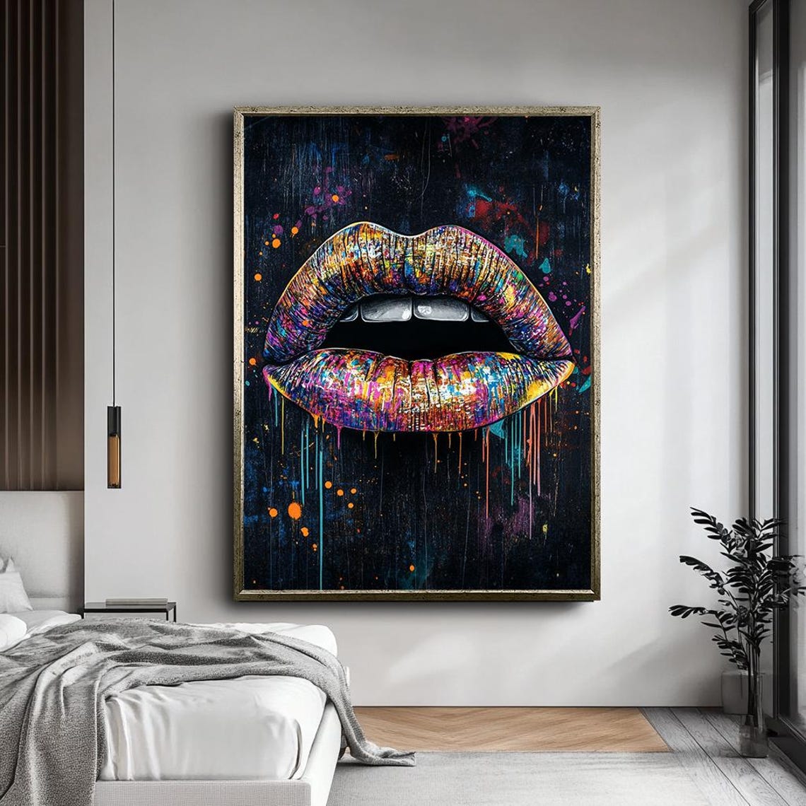 Colorful Graffiti Lips Dripping Paint Dark Statement Pop Wall Art - Image 5