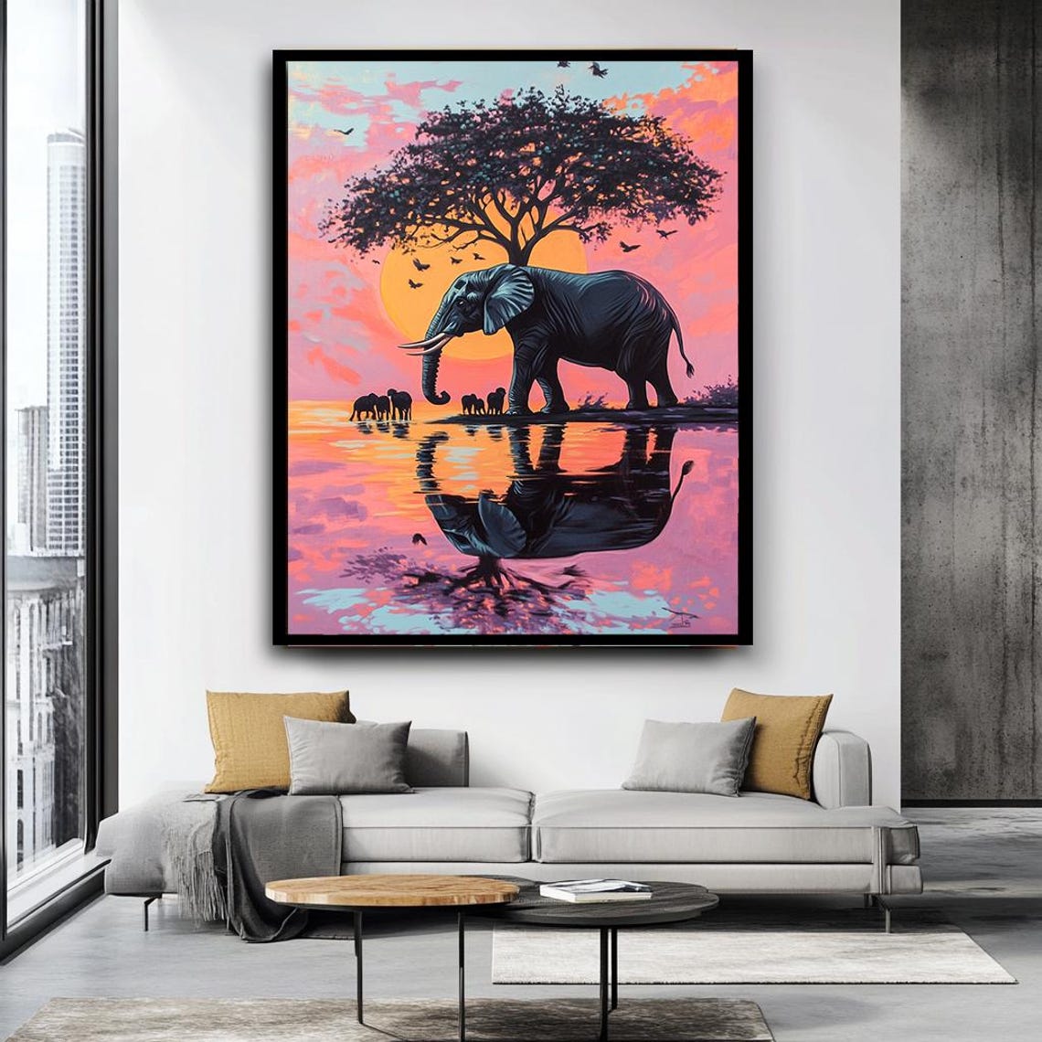 African Elephant Sunset Savanna Acacia Tree Water Reflection Print - Image 4