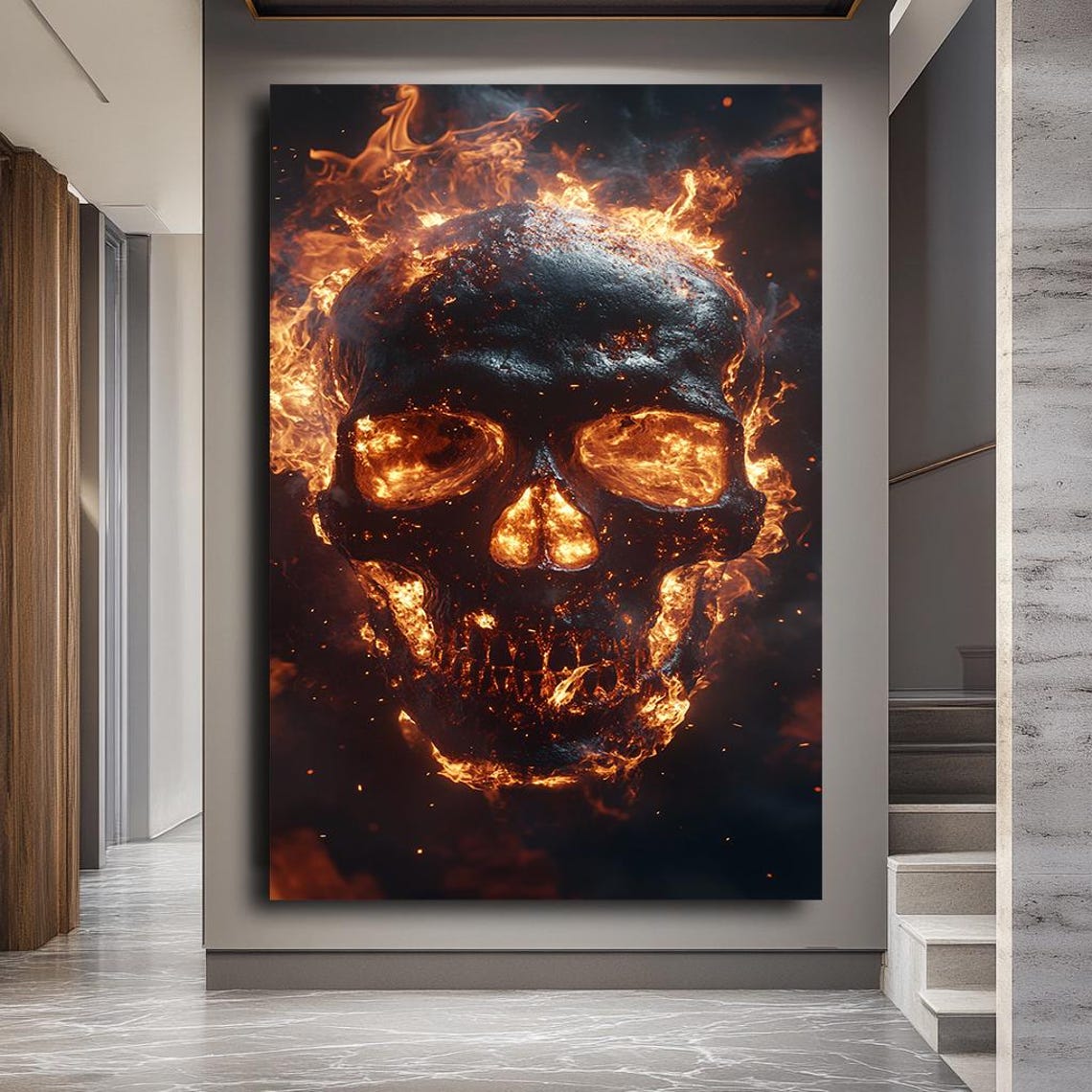 Flaming Skull Canvas Print Fiery Wall Art For Bold Modern Interiors Perfect Statement Piece Man Cave Decor