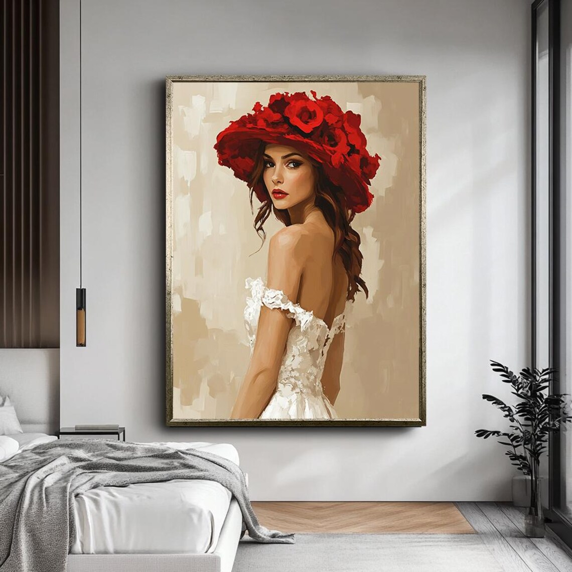 Elegant Woman Red Floral Hat White Dress Romantic Portrait Wall Art - Image 5