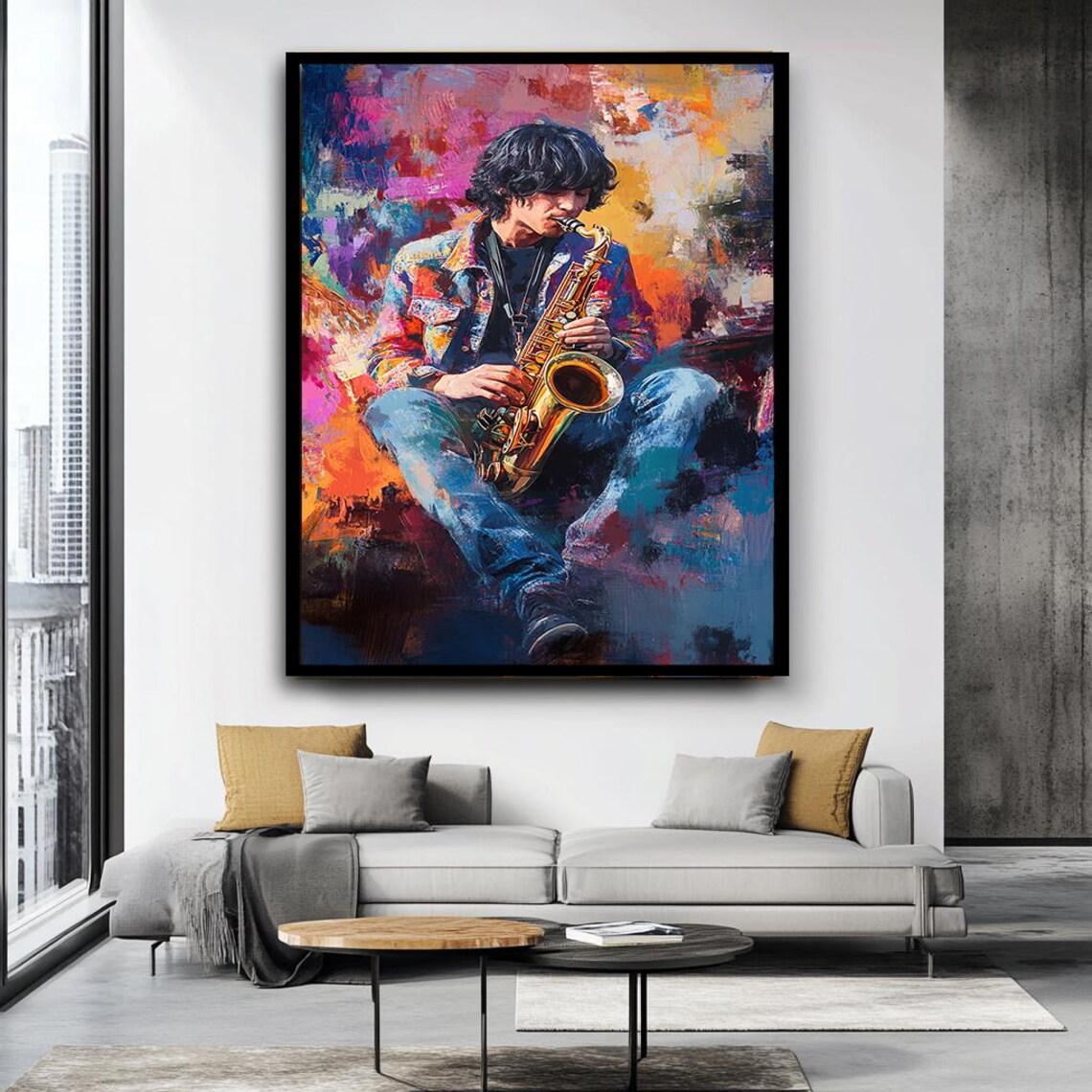 Young Saxophone Player Vibrant Colorful Jazz Music Art Poster - Image 3