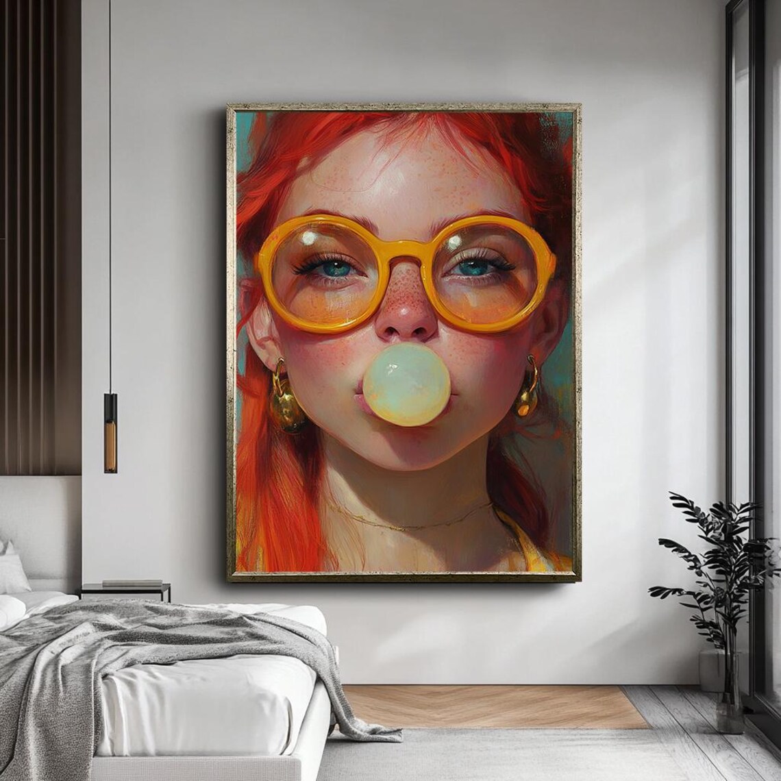 Bubble Gum Girl Portrait Yellow Glasses Red Hair Fun Pop Wall Art - Image 3