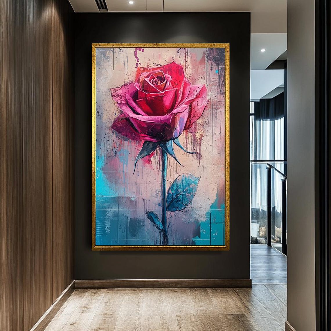 Red Rose Bloom Abstract Floral Painting Turquoise Drip Wall Art - Image 2