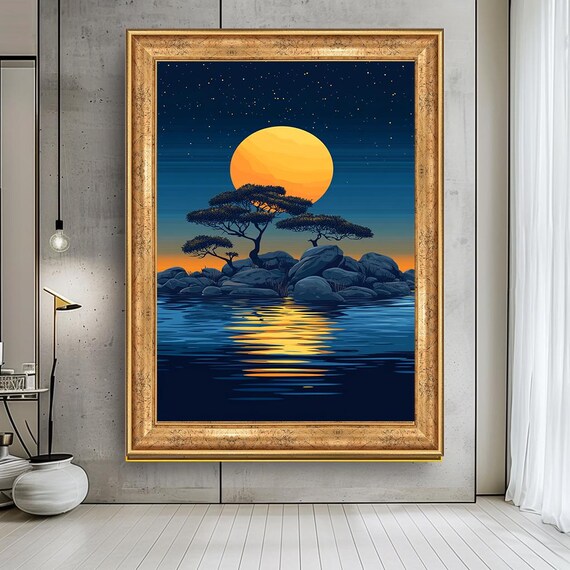 Serene Sunset Over Water Art Minimalist Nature Landscape Wall Decor Golden Reflection With Trees Peaceful Night Scene Print