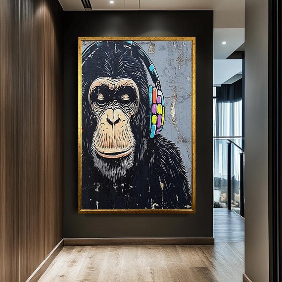 Cool Monkey With Headphones Canvas Art Urban Street Style Vibrant Graffiti Wall Large Modern Decor Fun Pop For Home