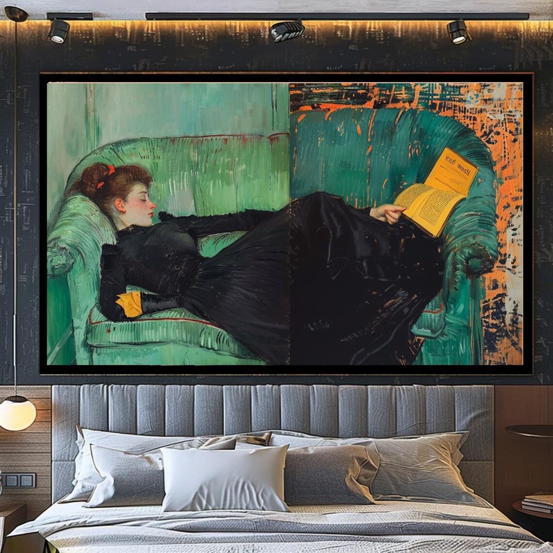 Vintage Woman Reading On Green Sofa Classic Elegant Literary Art Print - Image 4