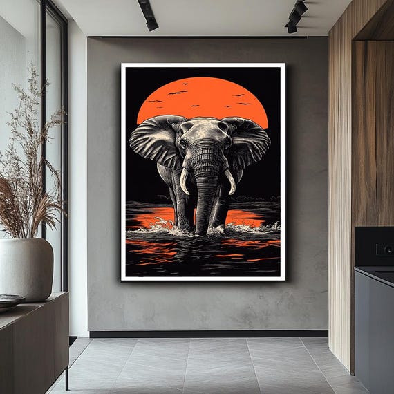 Majestic Elephant Sunset Wall Art Bold African Wildlife Vibrant Sunset Safari Artwork Modern Elephant Silhouette Decor For Home
