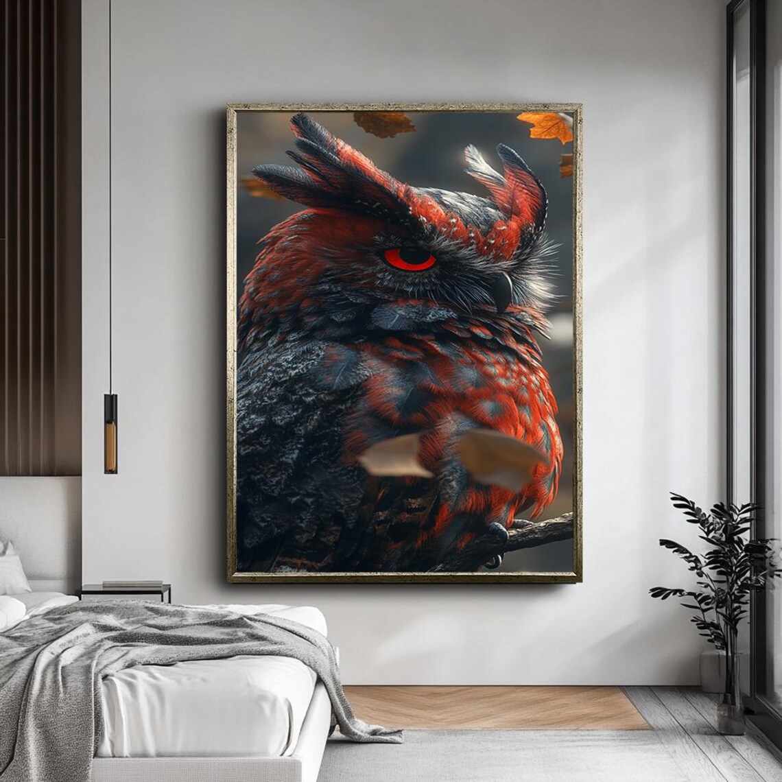 Red And Black Owl Portrait Fierce Glowing Red Eye Wildlife Wall Art - Image 5