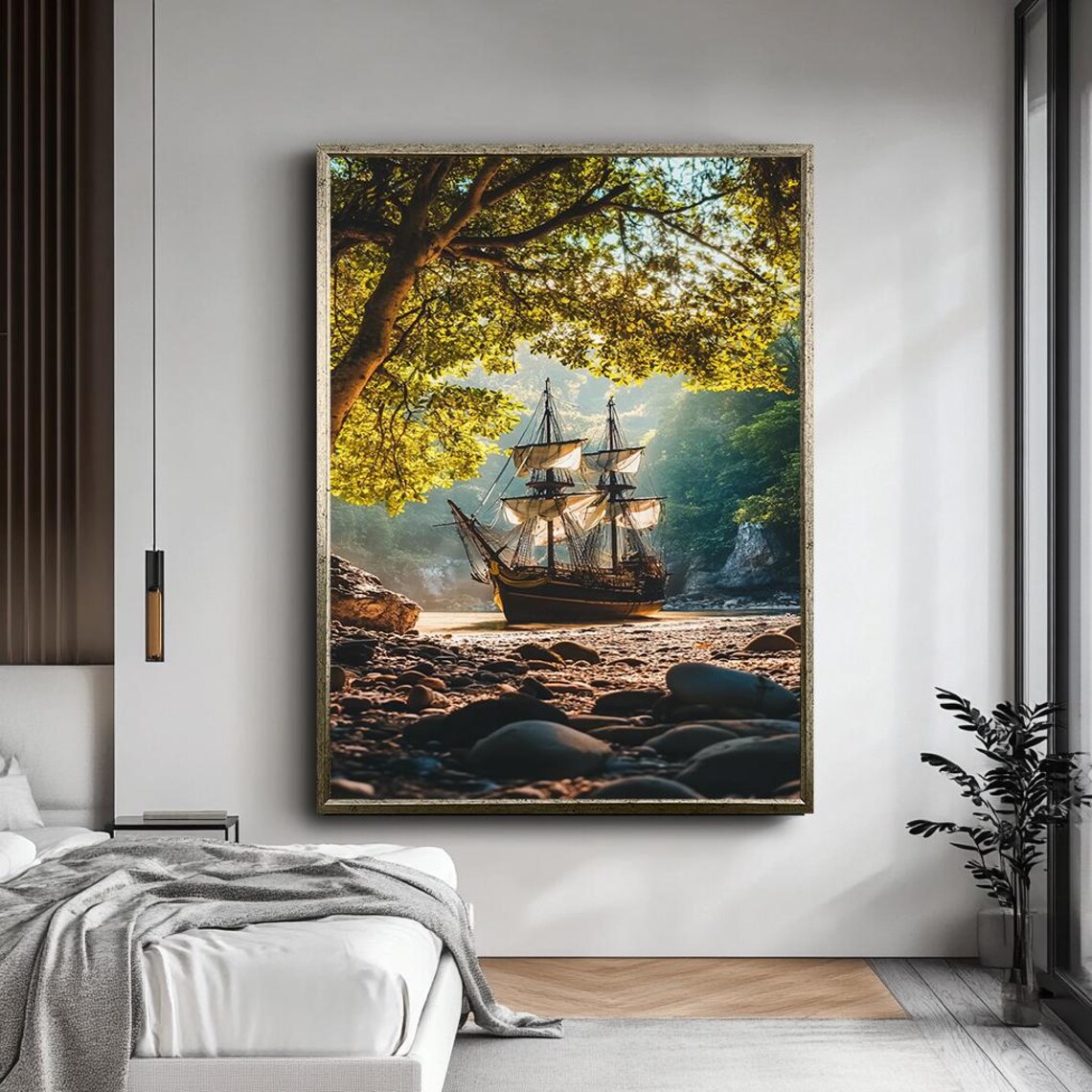 Vintage Pirate Ship Forest Cove Rocky Beach Nautical Adventure Poster - Image 5