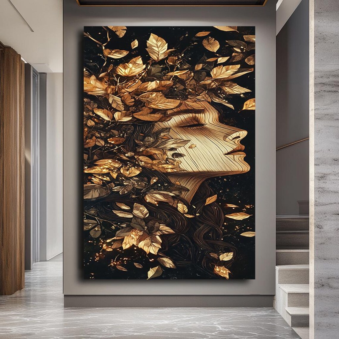 Golden Leaves Woman Profile Abstract Botanical Black Wall Art - Image 3