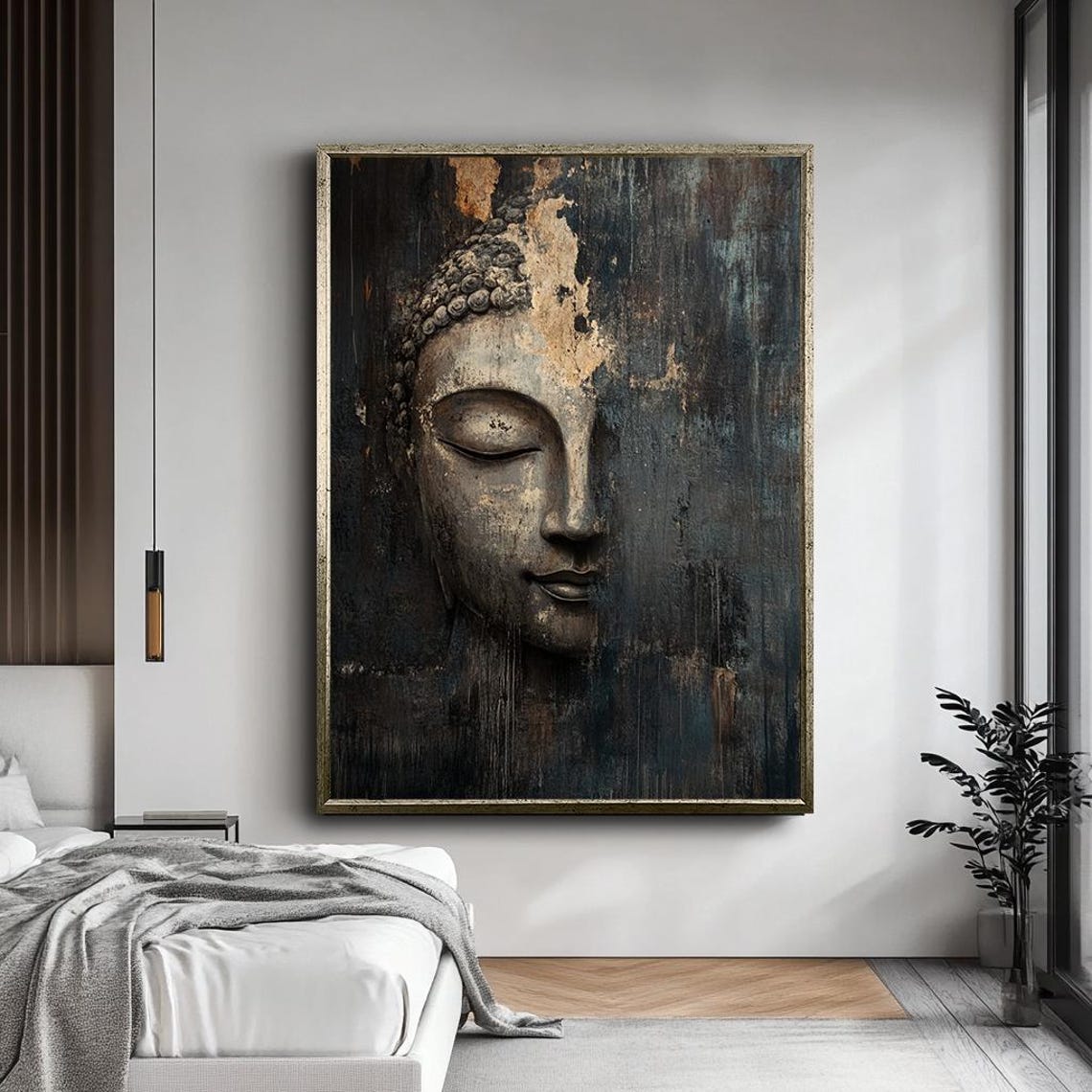 Weathered Ancient Buddha Face Dark Rustic Zen Spiritual Wall Art Print - Image 5