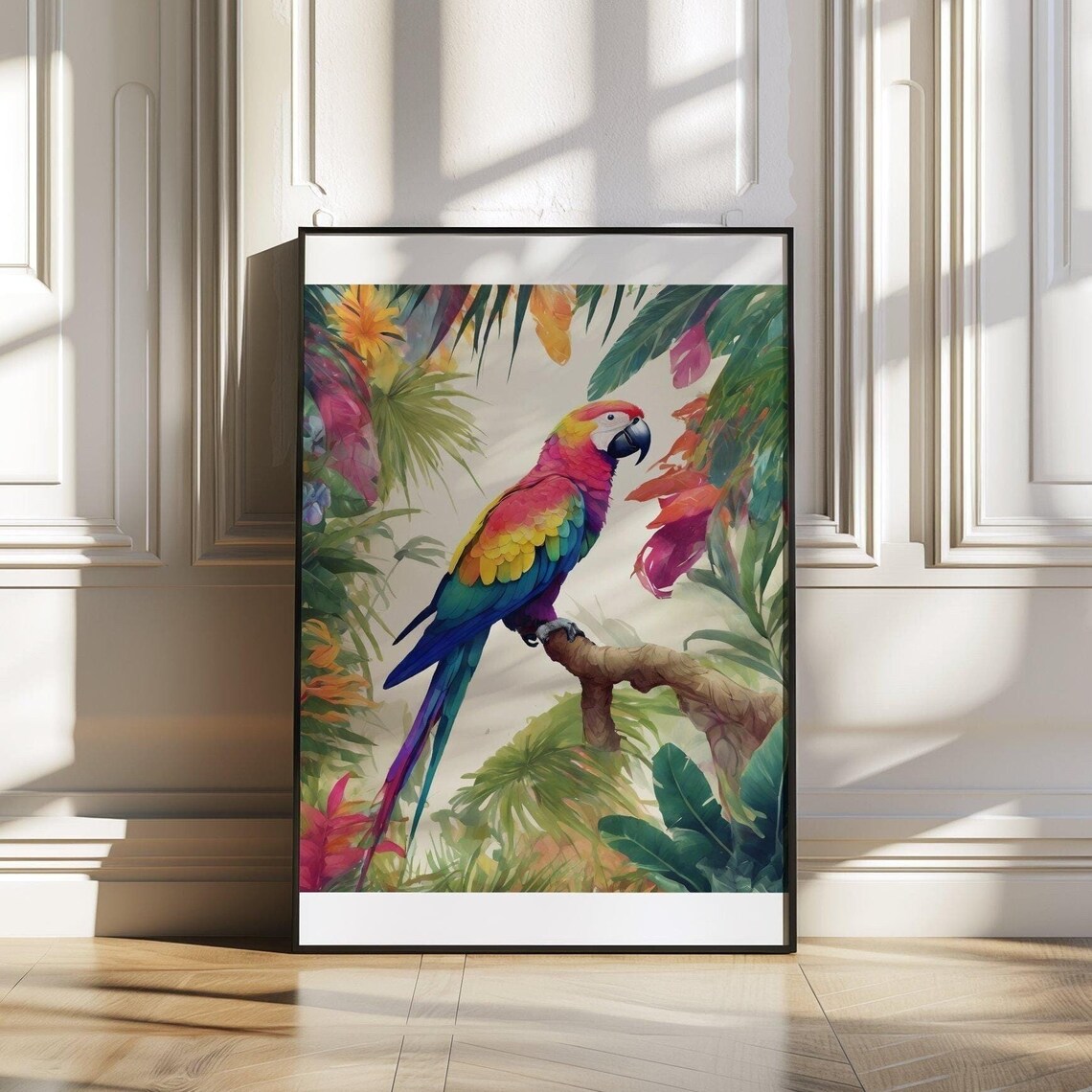 Colorful Macaw Parrot Poster Perched Branch Tropical Floral Art