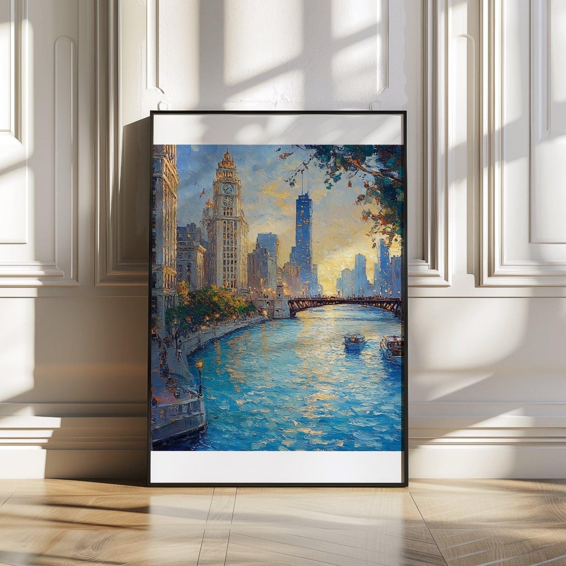 Chicago River Skyline at Sunset Impressionist Oil Painting Poster