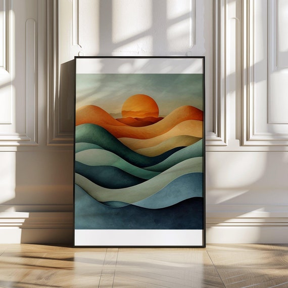 Abstract Sunset Landscape Wall Art Modern Mountain Wall Dcor Colourful Sunrise Print Boho Style Gallery Artwork Nature Painting