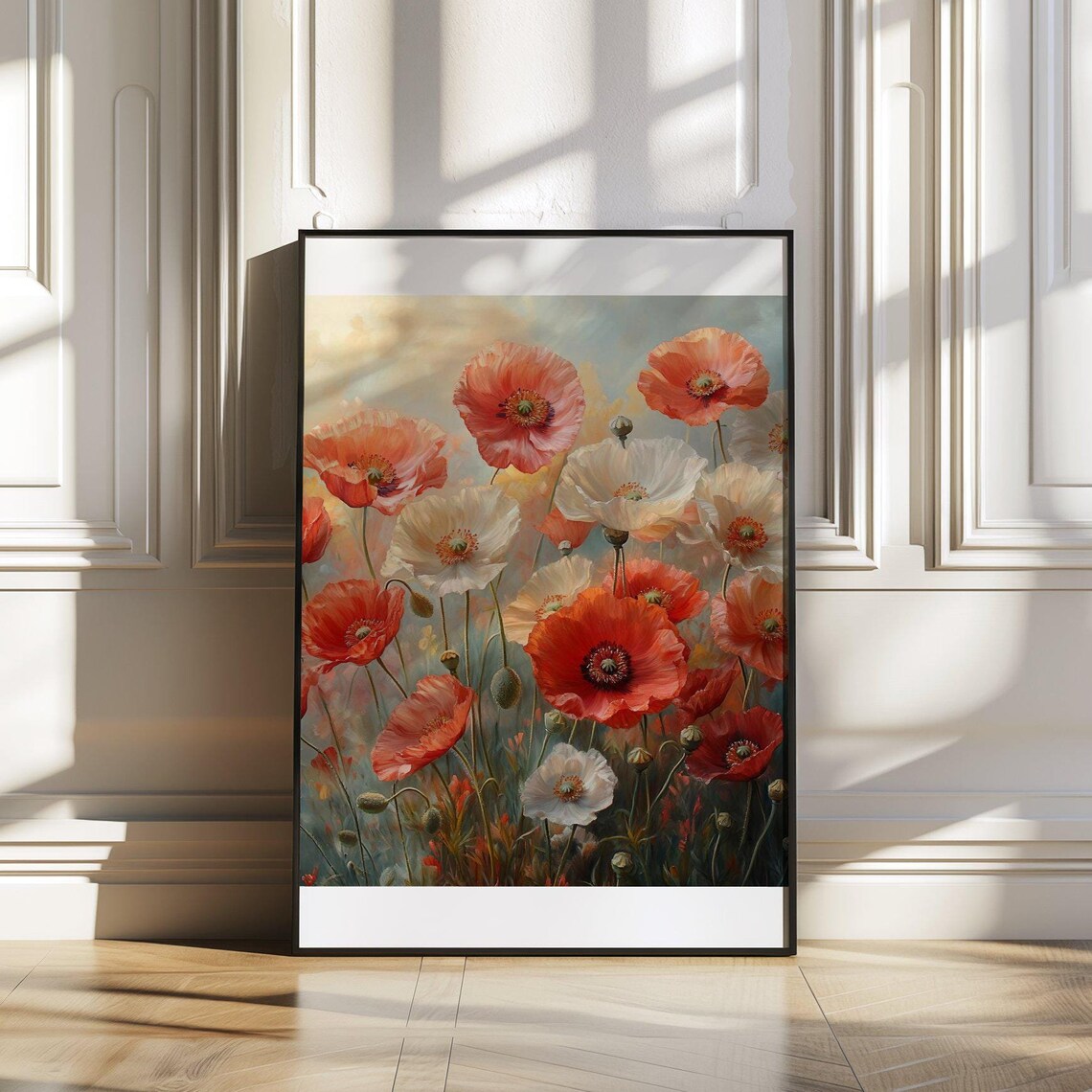 Red Poppy Field With White Wildflowers Botanical Nature Poster