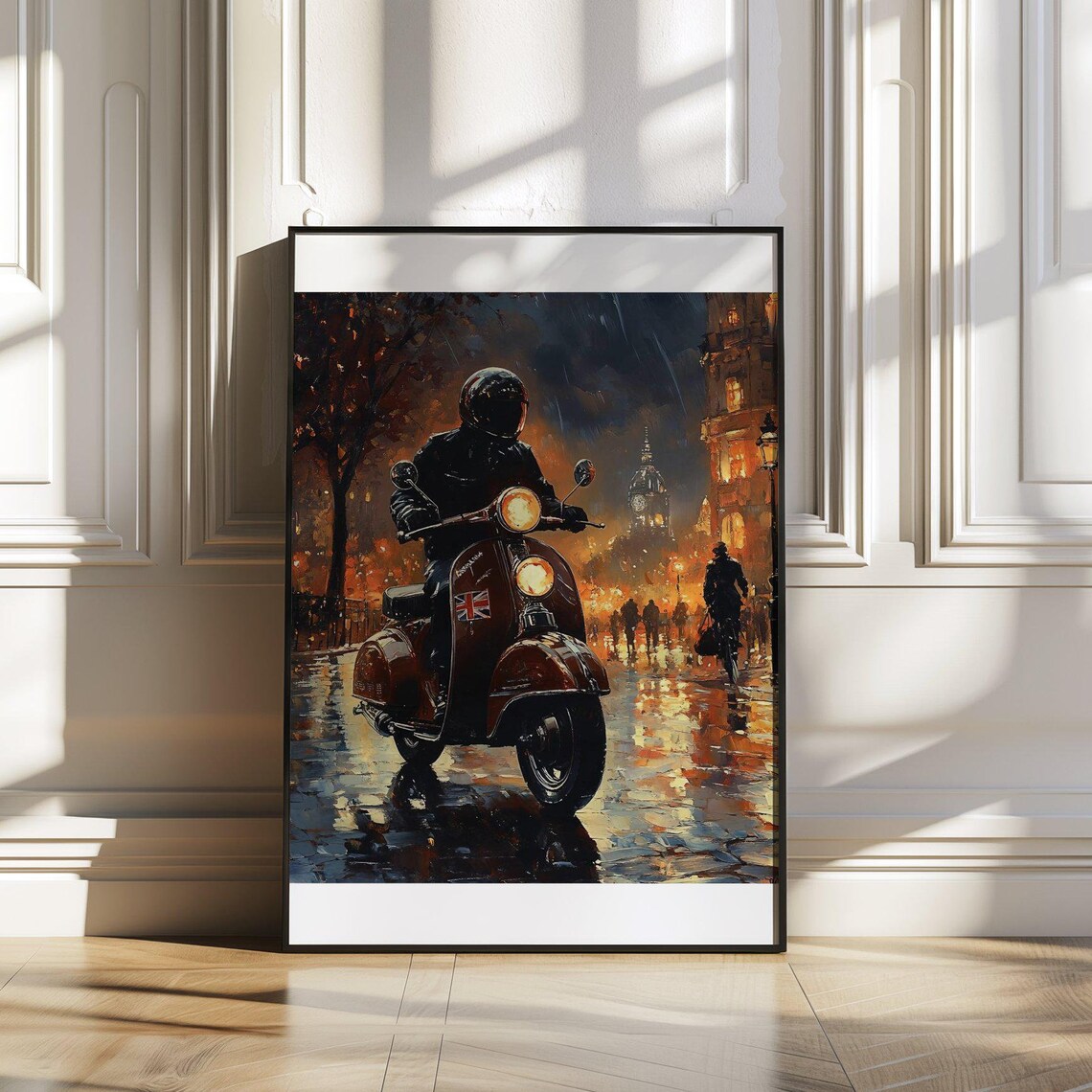 Vintage Scooter Rider in Rainy Night City Street Painting Poster