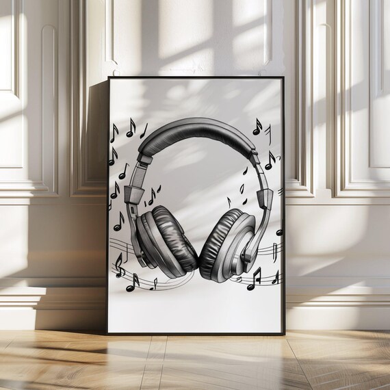 Headphones With Music Notes Black White Music Lover Sketch Poster