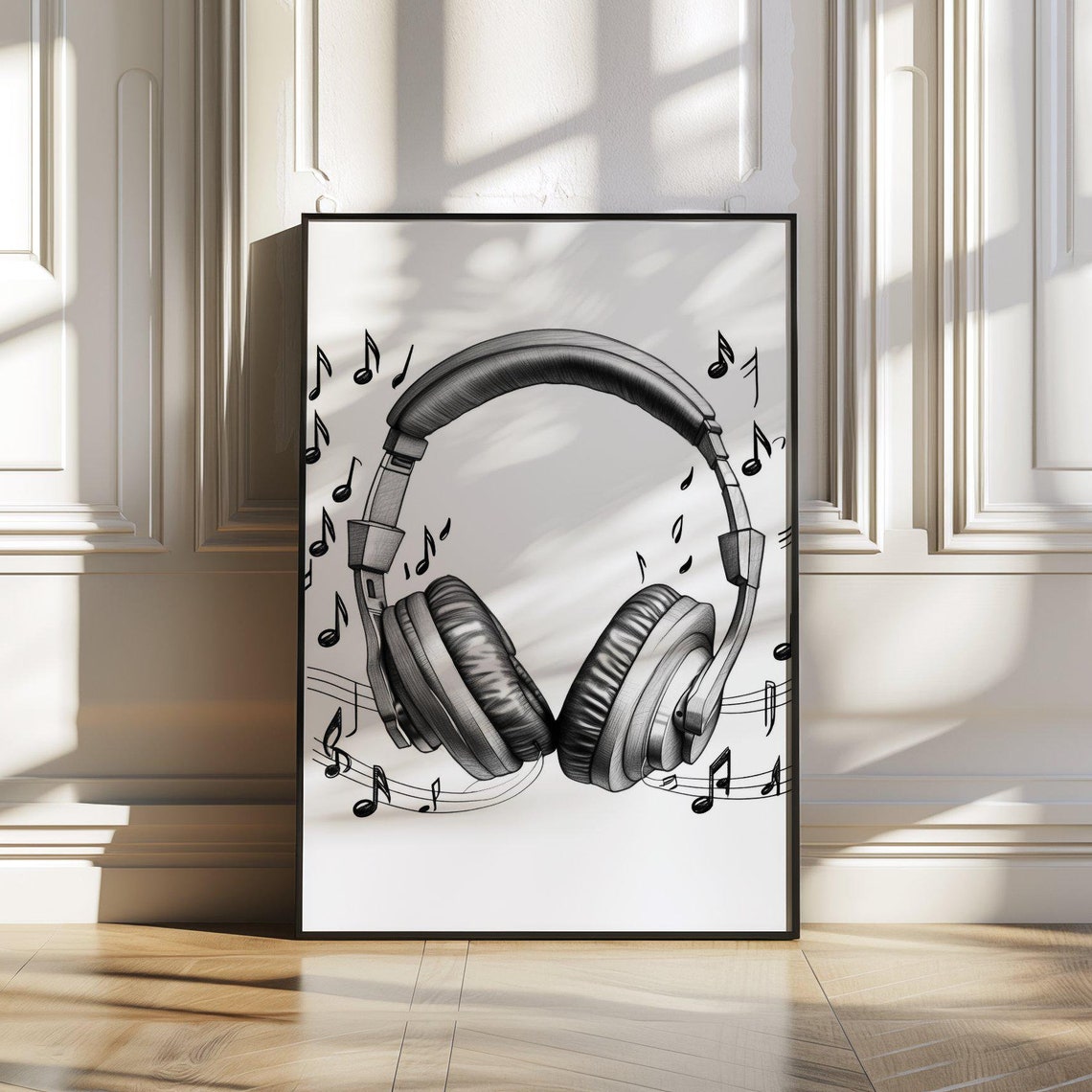 Headphones With Music Notes Black White Music Lover Sketch Poster