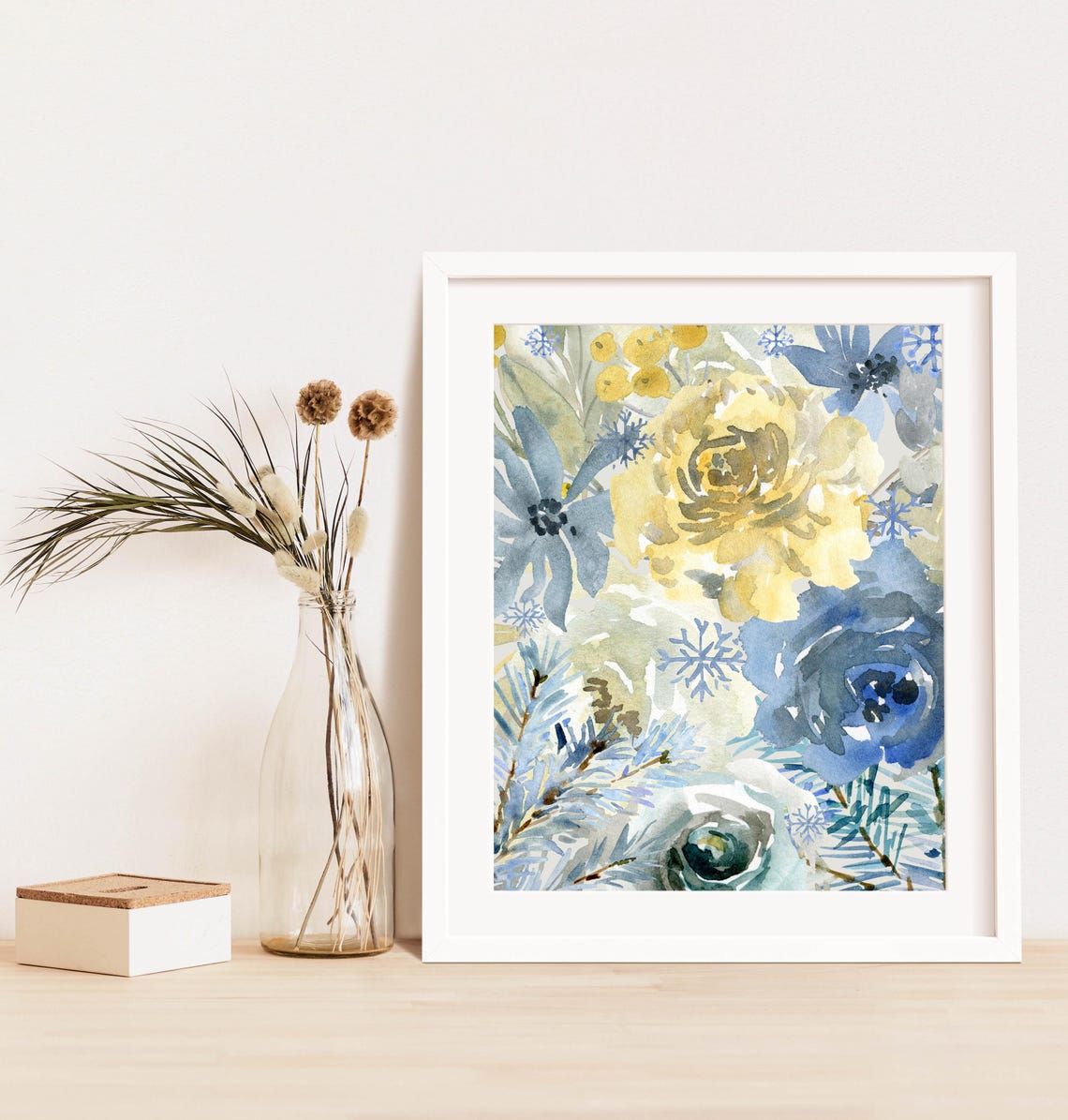 Frosty Blue Gold Winter Floral Collage Watercolor Snowflake Poster - Image 9