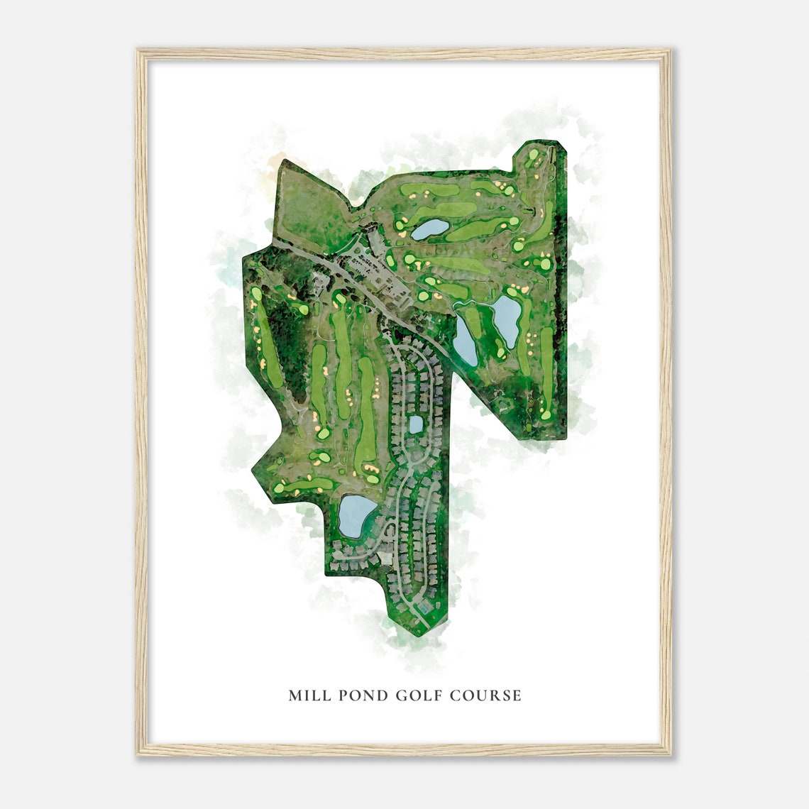Mill Pond Golf Course Classic Aerial Watercolor Golf Map Poster