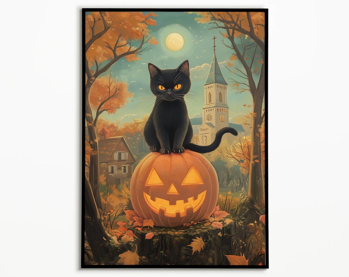 Black Cat With Pumpkins Halloween Art Print