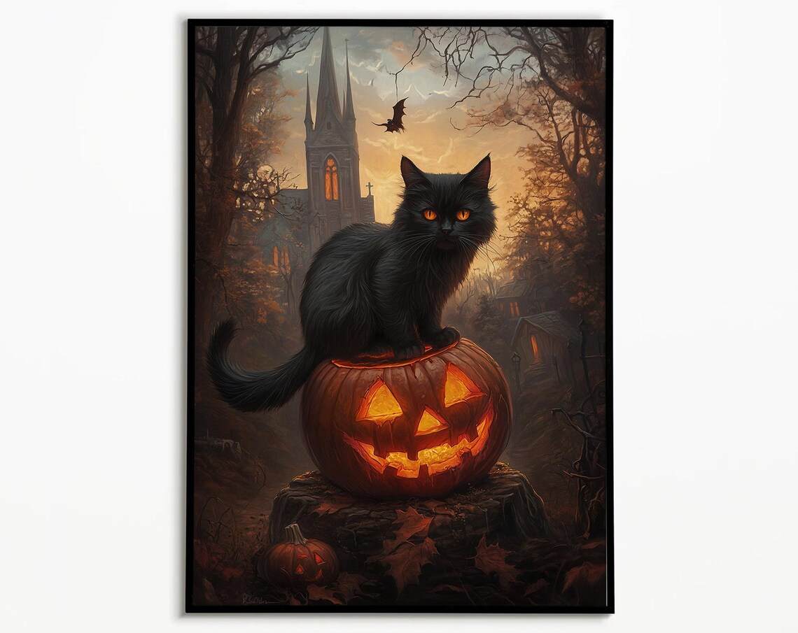 Black Cat on Glowing Jack O Lantern Poster Haunted Church Halloween Decor