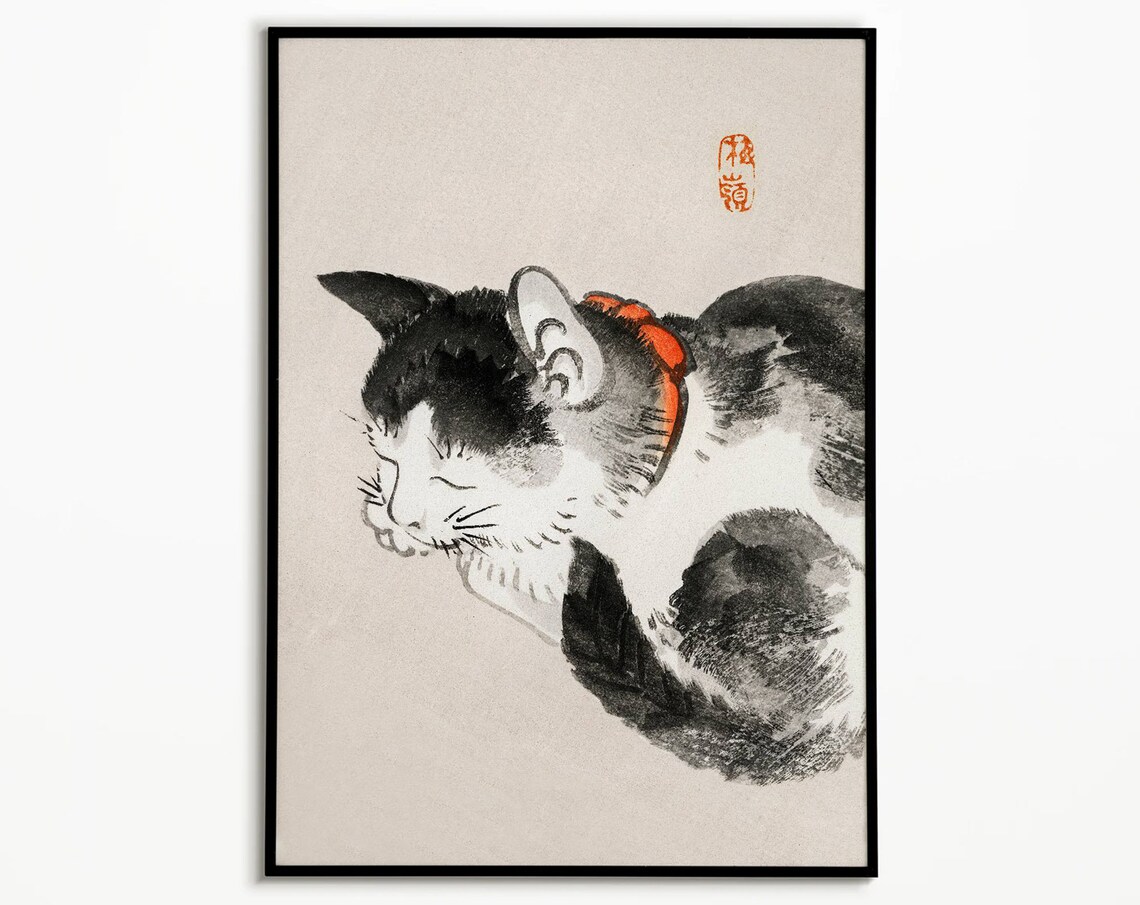 Japanese Cat Art Print, Vintage Woodblock Style