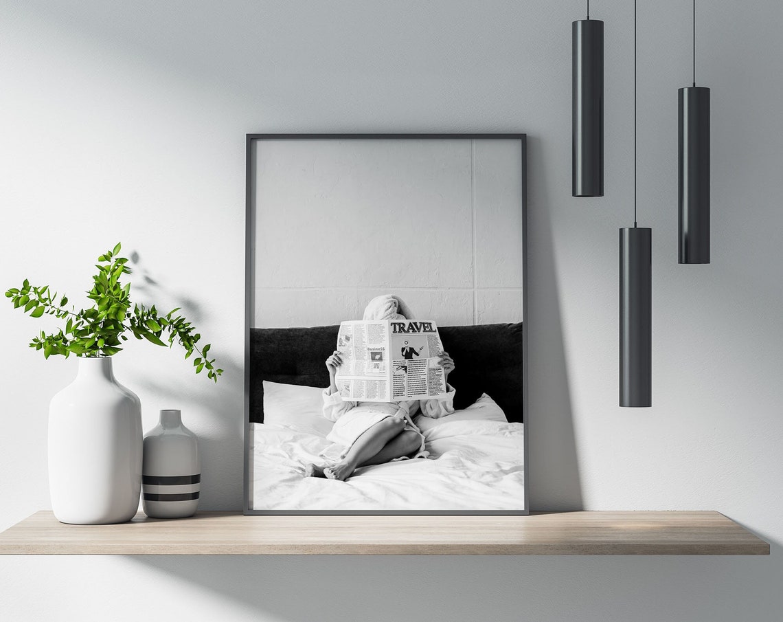 Woman Reading Travel Newspaper In Bed Black White Photo Poster