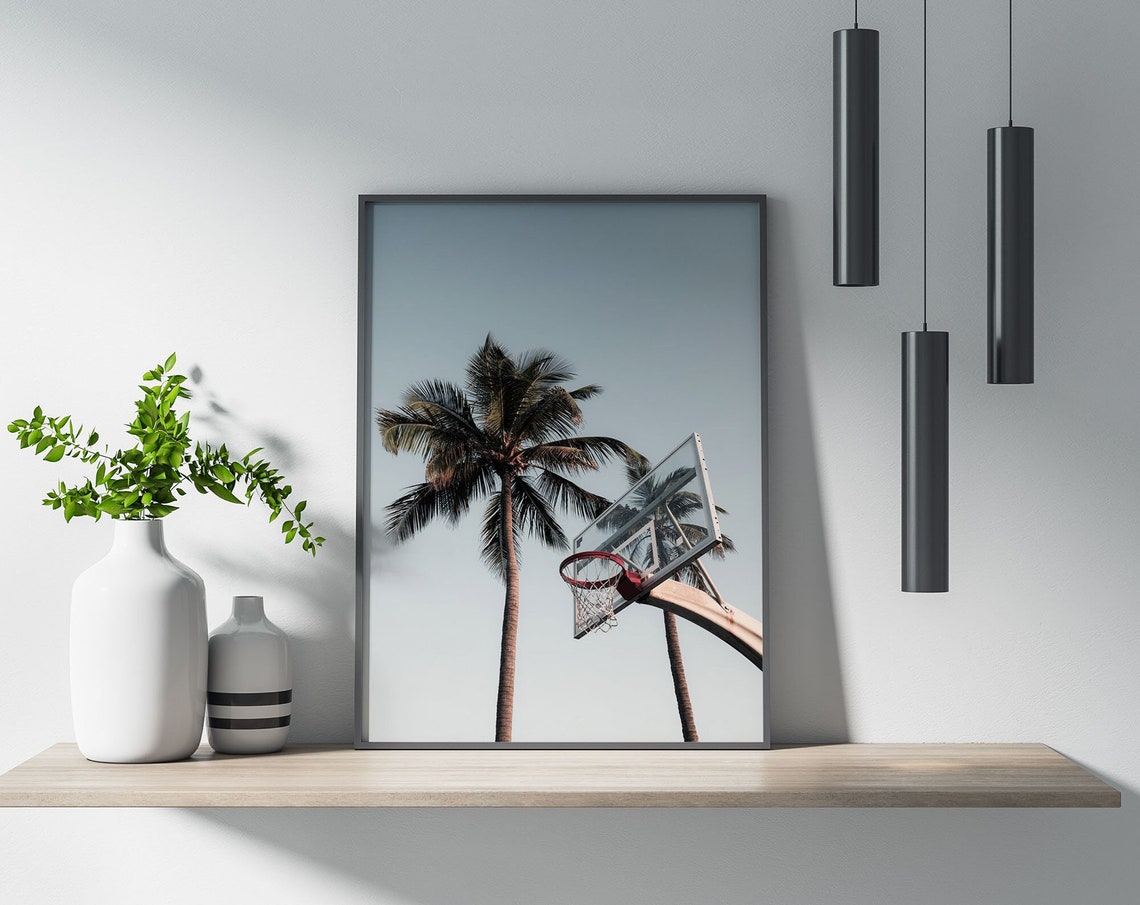 Basketball Hoop Palm Trees Modern Coastal Photography Poster Art