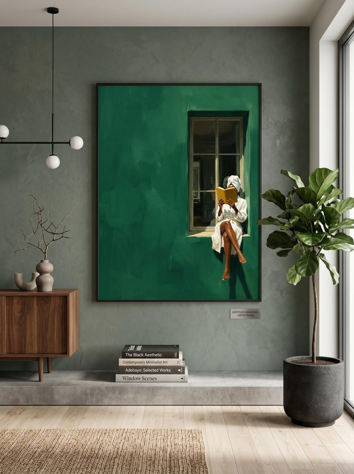 Black Woman Reading Art Print Emerald Window Scene Living Room Wall Minimalist Quiet Luxury - Image 4