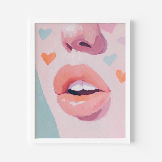 Pastel Pink Lips Close-Up Painting Hearts Pop Art Beauty Poster
