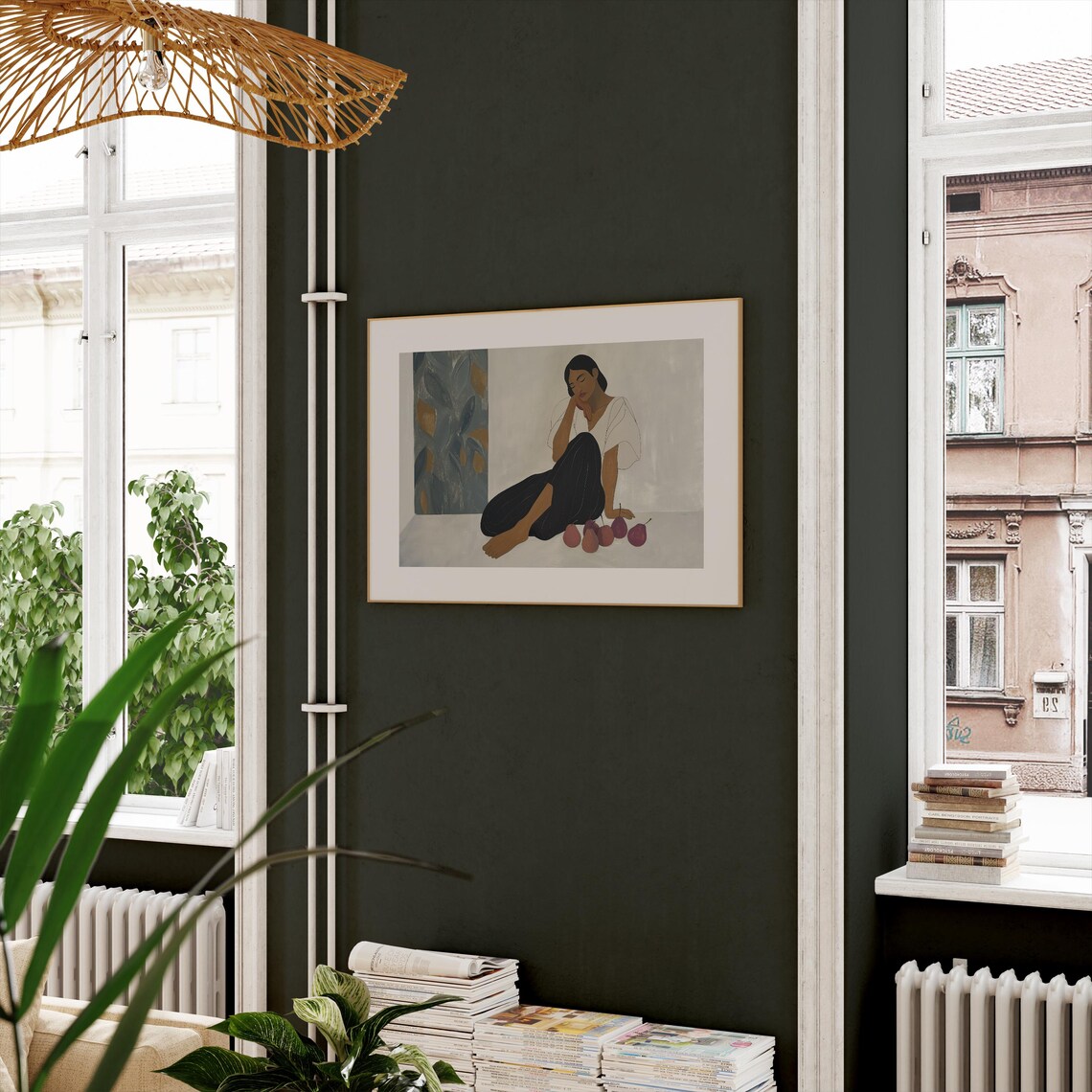 Minimalist Seated Woman with Figs in Earthy Tones Art Poster - Image 2