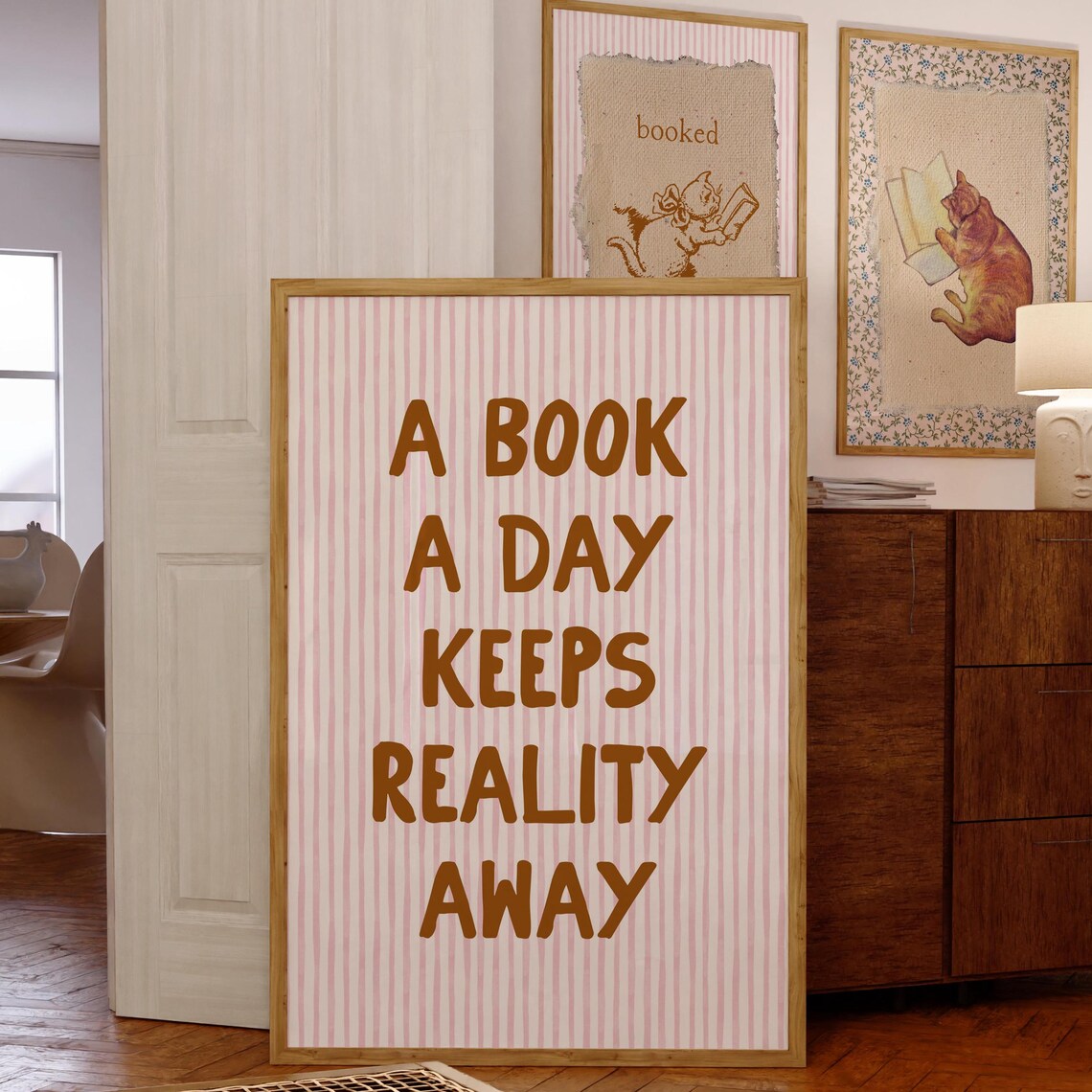 A Book a Day Keeps Reality Away Quote Striped Reading Nook Poster